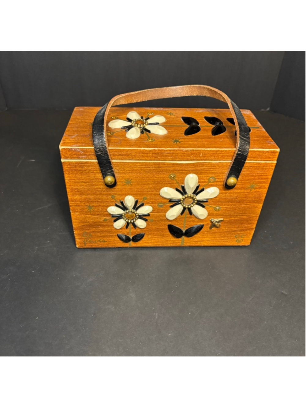 Women's Enid Collins Brown & Black Floral Wooden Box Bag